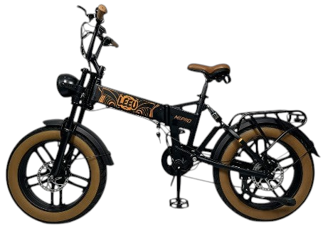 Leeufatbike M1 PRO 黑色折叠电动胖胎车，配有棕色轮胎、舒适坐垫及液压碟刹，侧视图。